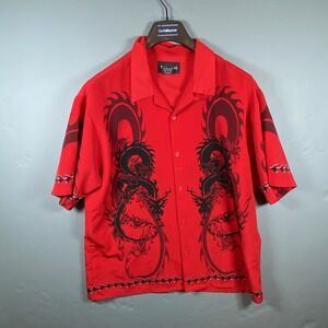 No Boundaries Men's Large 42/44 Red Short‎ Sleeve Dragon Tribal Button-Up Shirt